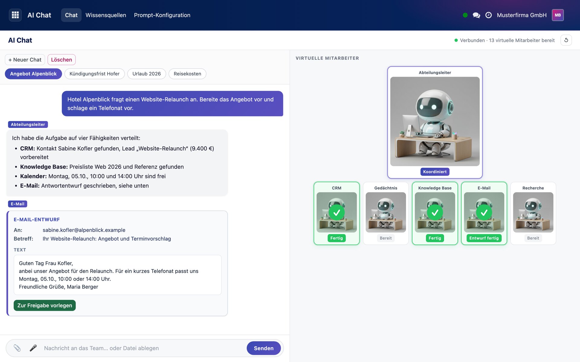 Arbeitsoberfläche mit Beispieldaten: Im Chat steht eine Aufgabe zu einer Kundenanfrage, darunter die Aufteilung auf CRM, Wissensdatenbank, Kalender und E-Mail sowie ein Antwortentwurf mit der Schaltfläche zur Freigabe. Rechts zeigen die virtuellen Mitarbeiter ihren Status.