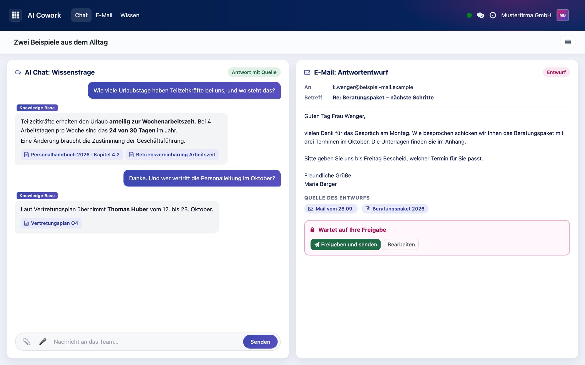 Zwei getrennte Beispiele mit Beispieldaten: links ein Chat mit zwei Wissensfragen und Antworten mit Quellenangaben, rechts ein E-Mail-Entwurf an eine Kundin mit der Schaltfläche zur Freigabe.
