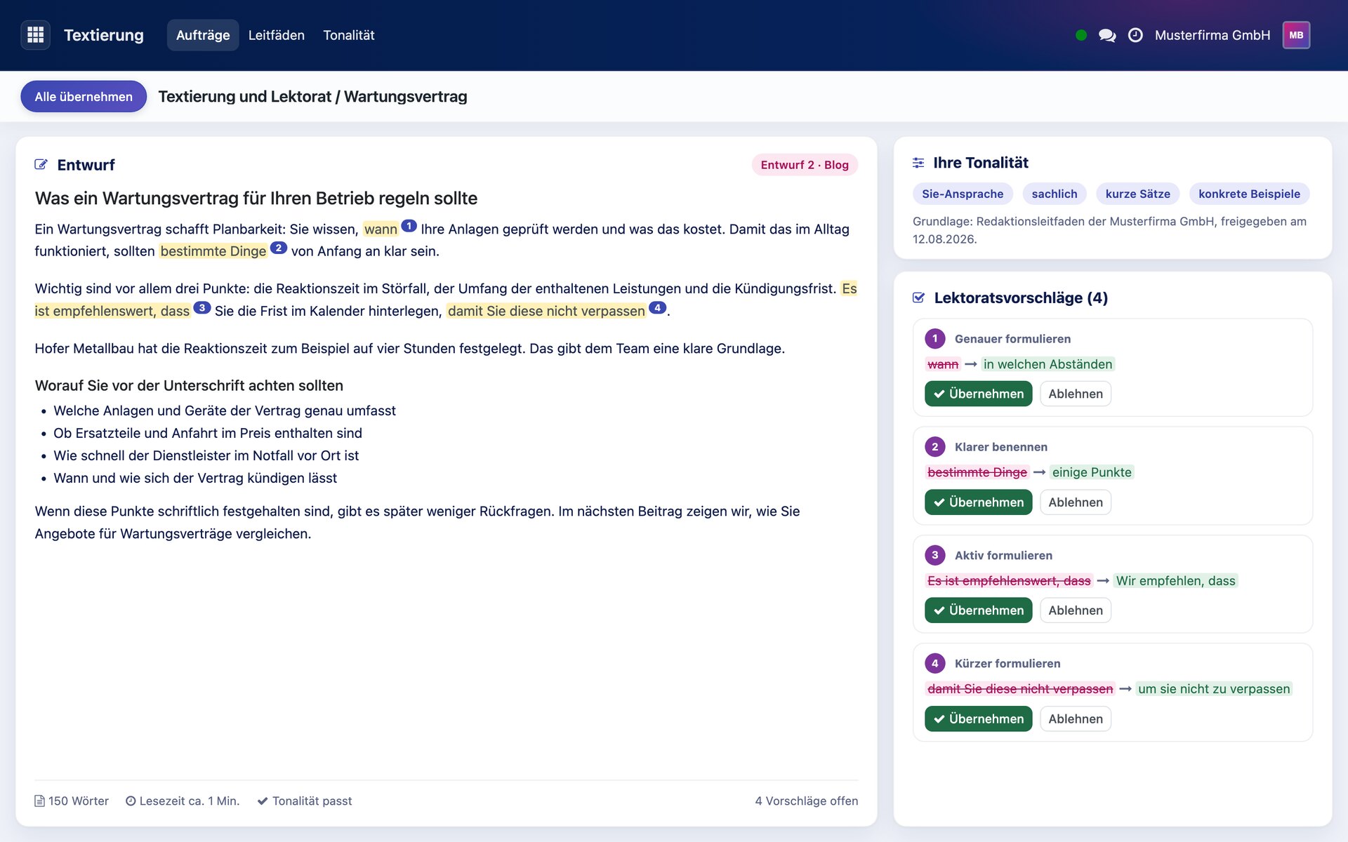 Textentwurf mit Beispieldaten und markierten Stellen, rechts die hinterlegte Tonalität und vier Lektoratsvorschläge mit Original, Änderung und den Schaltflächen Übernehmen und Ablehnen.