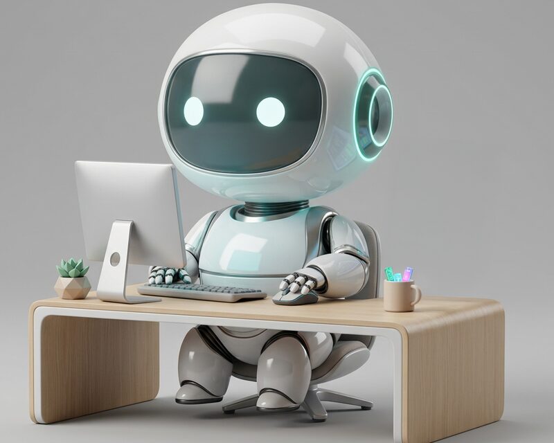 Der AI-Cowork-Bot sitzt als virtueller Mitarbeiter an einem Holzschreibtisch und arbeitet am Computer.